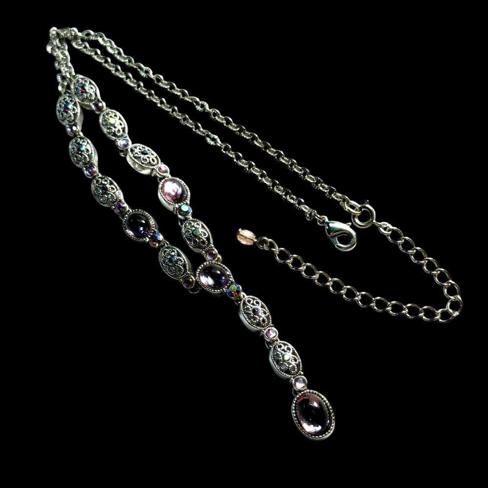 VTG Avon Silver Plate Filigree Cabochon AB Rhinstone Y Drop Lavaliere Necklace - Picture 11 of 16